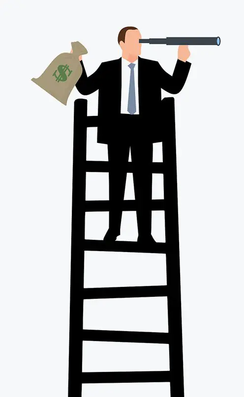 A man standing on top of a ladder holding money.